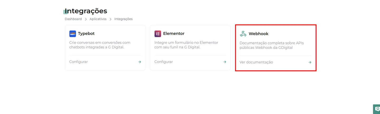 Tela do passo: Em Webhook clique em Ver documentação