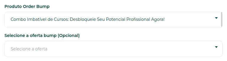 Campos de produto e oferta do order bump