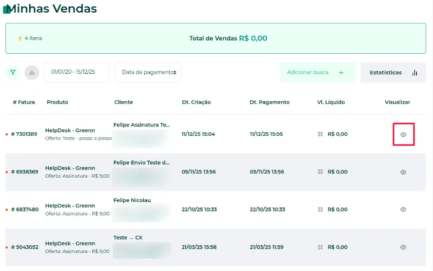 Lista de vendas com o ícone do olho