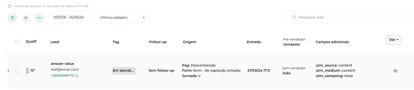 Resultado do filtro com leads que têm todos os campos