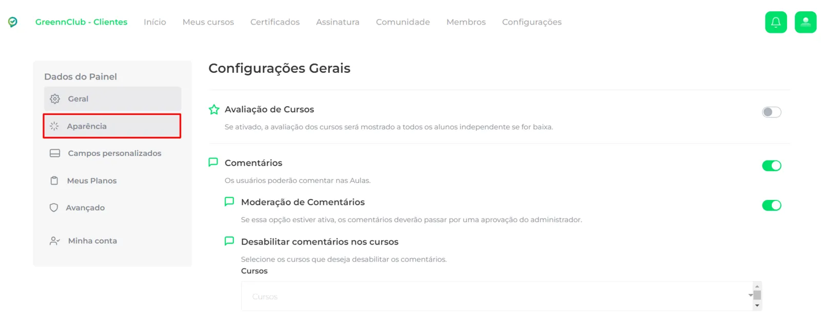 Aba Aparências nas configurações