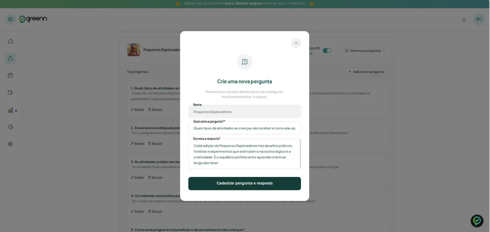 Tela para adicionar uma pergunta e resposta personalizada