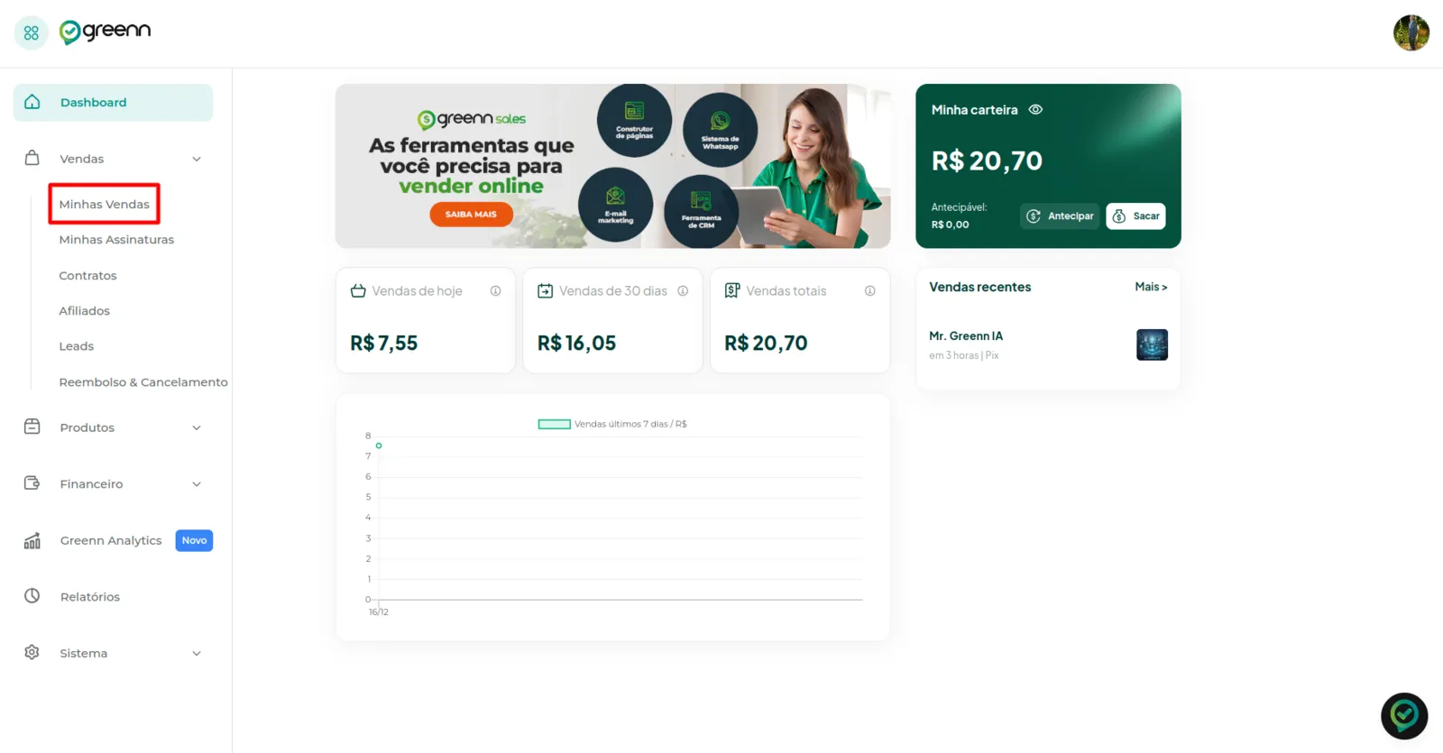 Menu Vendas com a opção Minhas Vendas