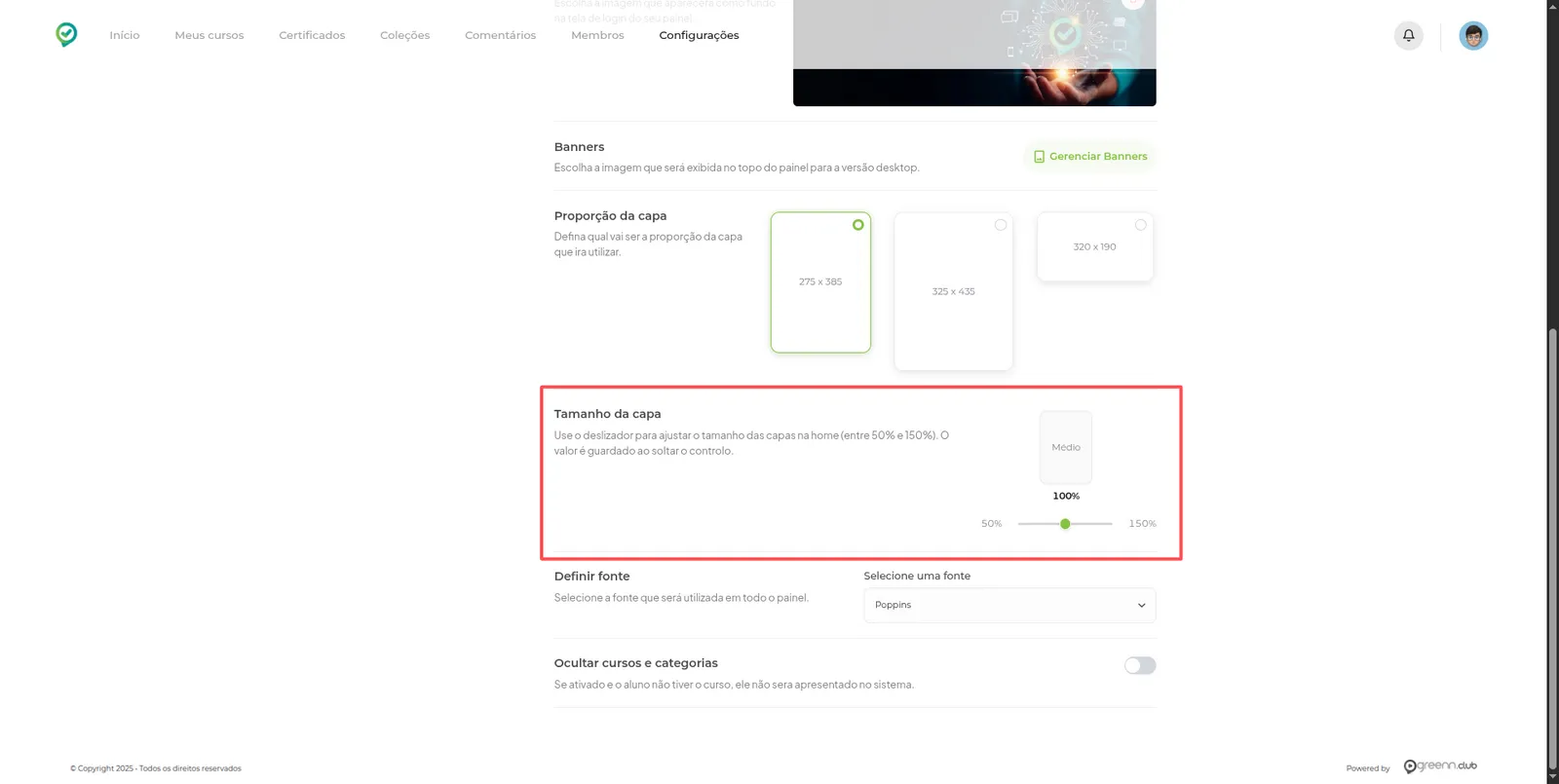 Campos para personalizar o tamanho da capa