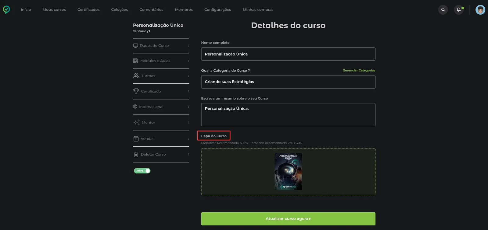 Opção Capa do curso