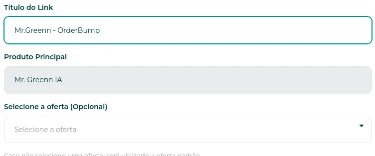 Campos de título e oferta do link