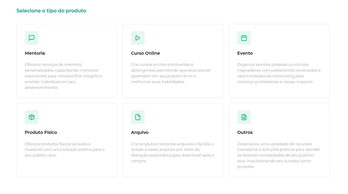 Categorias de produto disponíveis