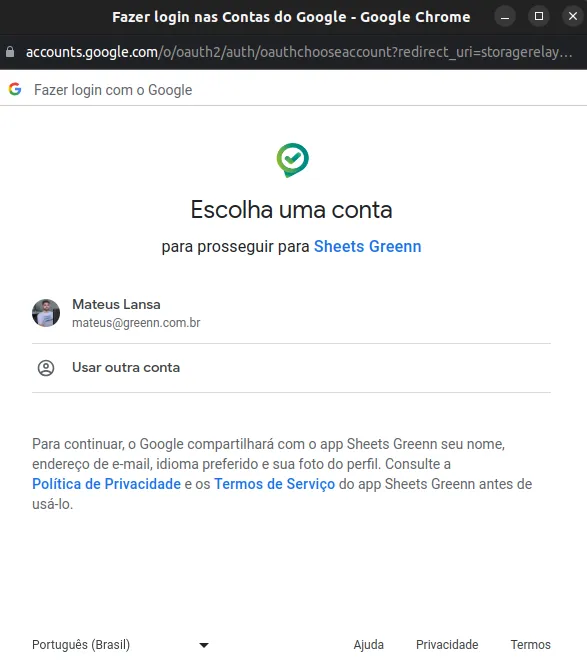 Pop-up de login com a conta Google
