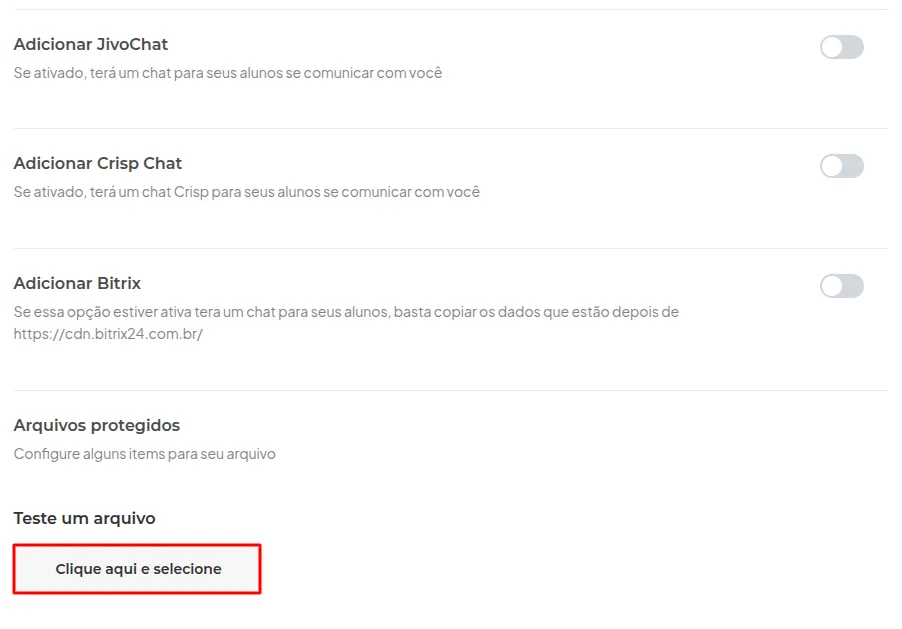 Opção Testar arquivo protegido nas configurações