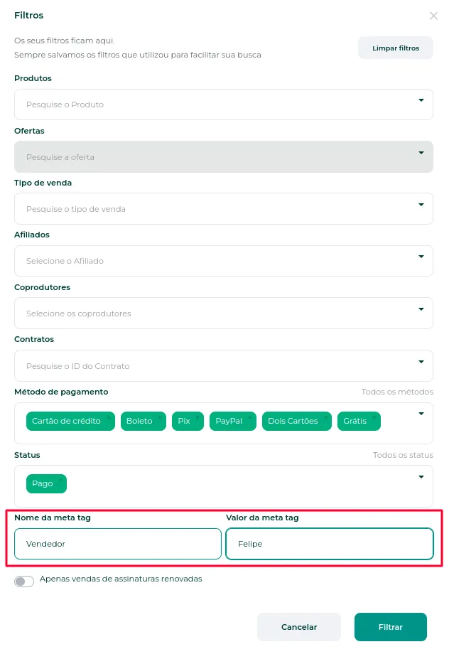 Filtros com os campos de UTM preenchidos