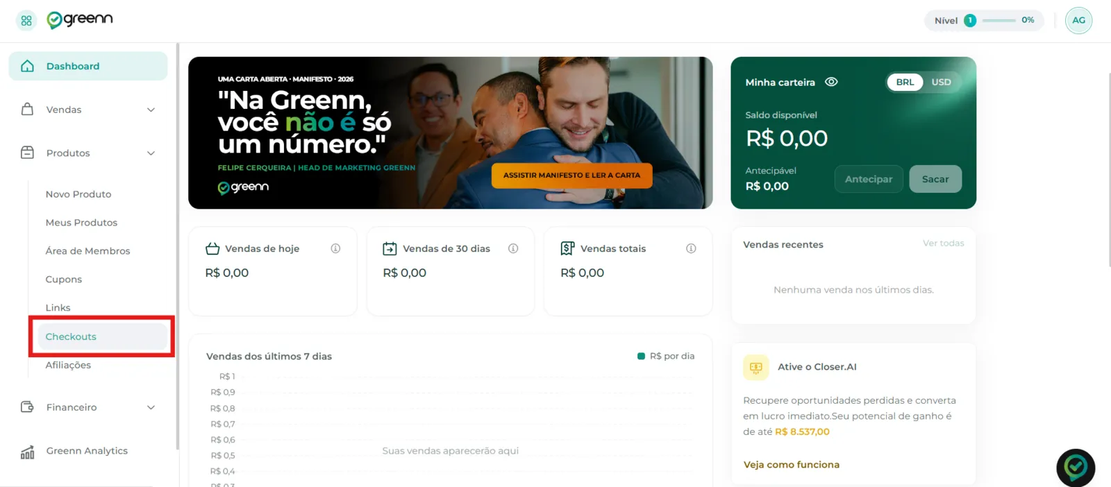 Menu Produtos com a opção Checkouts