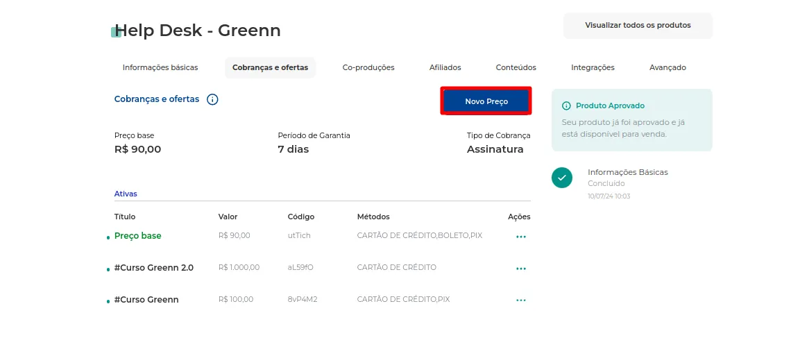 Botão Novo Preço na aba Cobranças e Ofertas