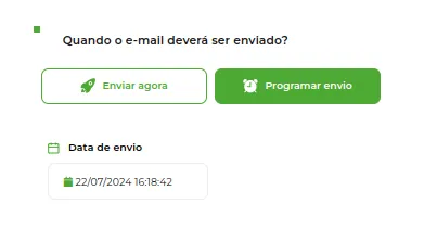 Opções Enviar agora e Programar envio