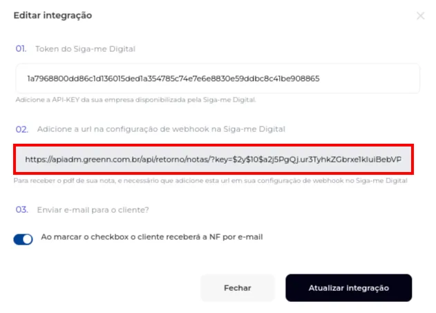 URL de integração do Sigame