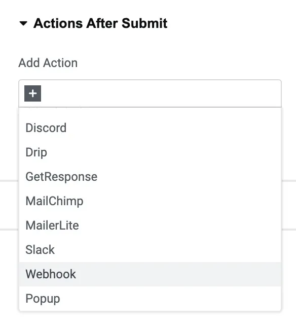 Tela da Greenn Sales: Agora em Ações após o envio selecione o Webhook
