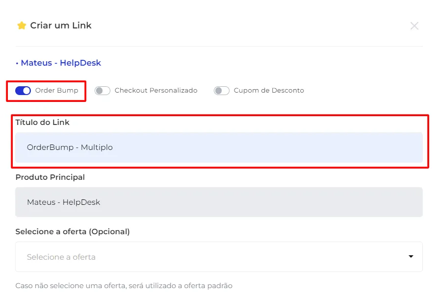 Campos de título e opção de order bump no link