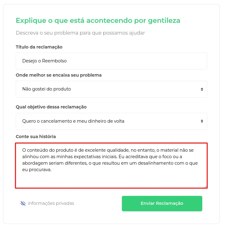 Campo de descrição da reclamação