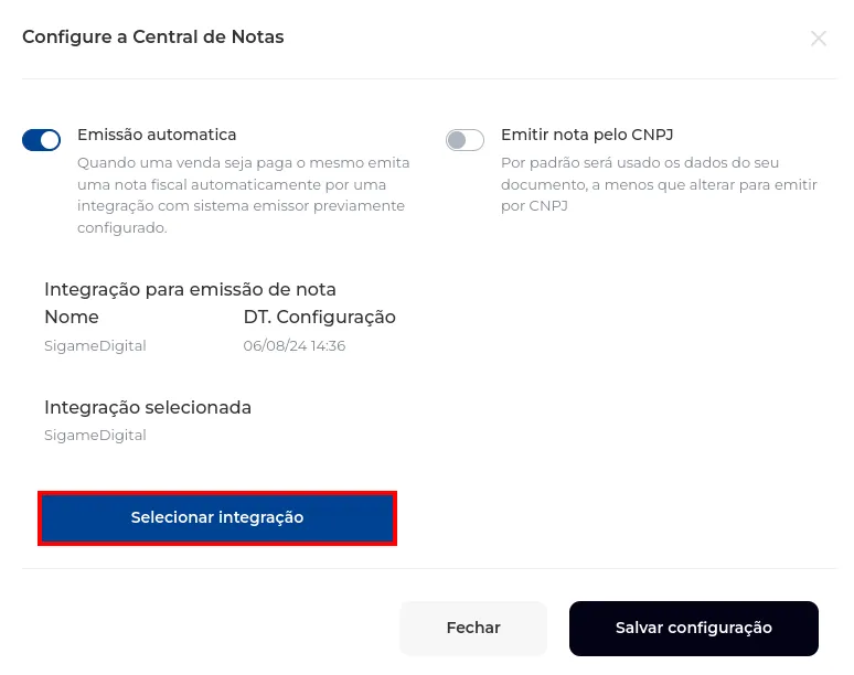 Botão para salvar a configuração