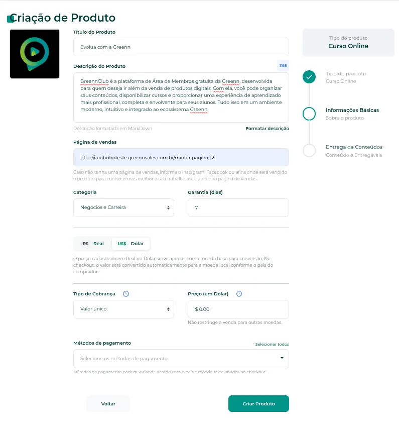 Botão Criar Produto para enviar o produto à análise