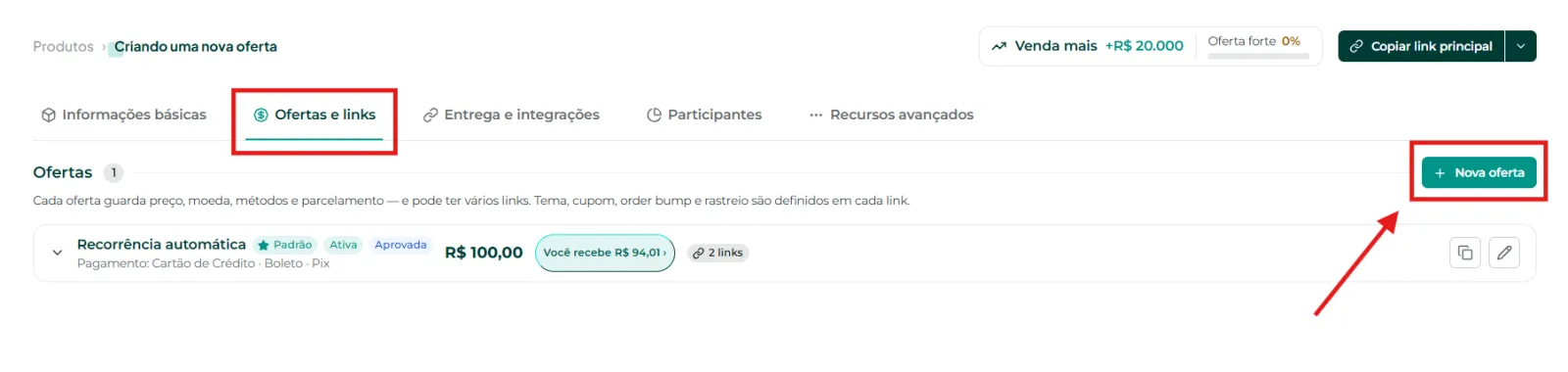 Aba Ofertas e Links com o botão Nova Oferta