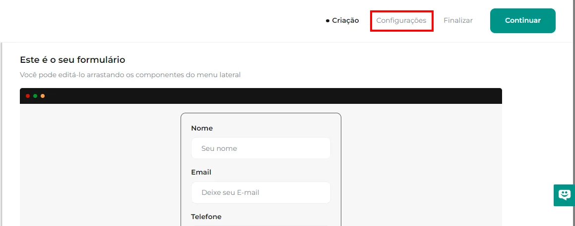 Menu de Configurações do formulário