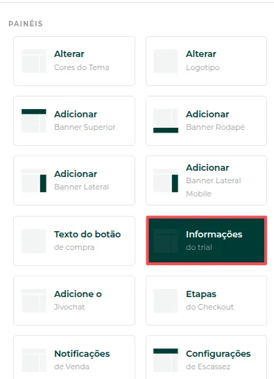 Campos de informações do trial no tema