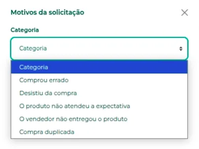 Seleção da categoria do motivo do reembolso