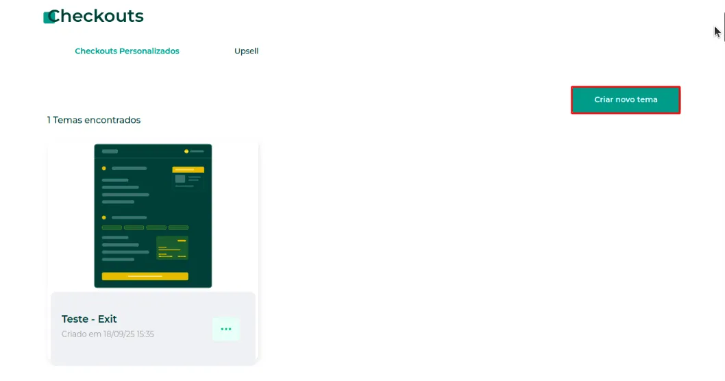 Lista de checkouts com as opções de editar e criar novo