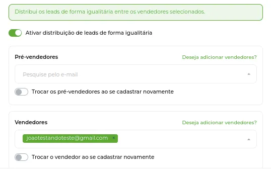 Tela da Greenn Sales: Selecione os Vendedores ou Pré-vendedres que vão participar da distribuição