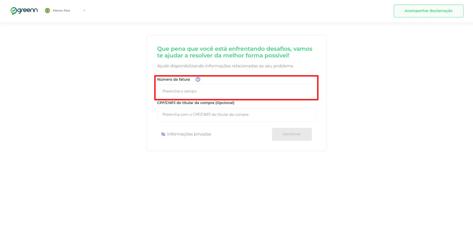 Campo para digitar o número da fatura no site de reclamações