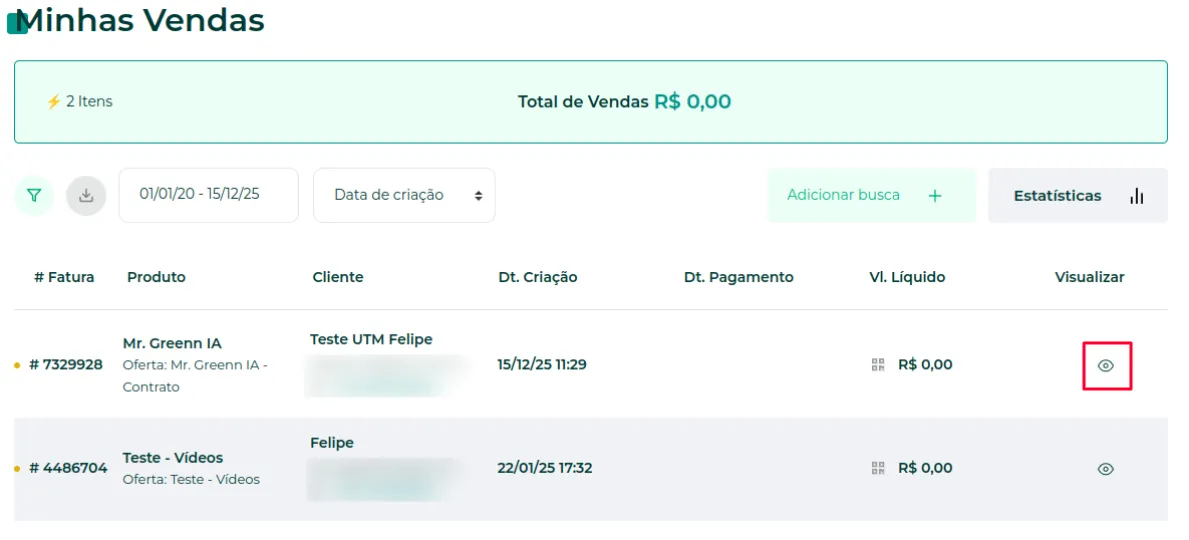 Lista de vendas com o ícone de olho