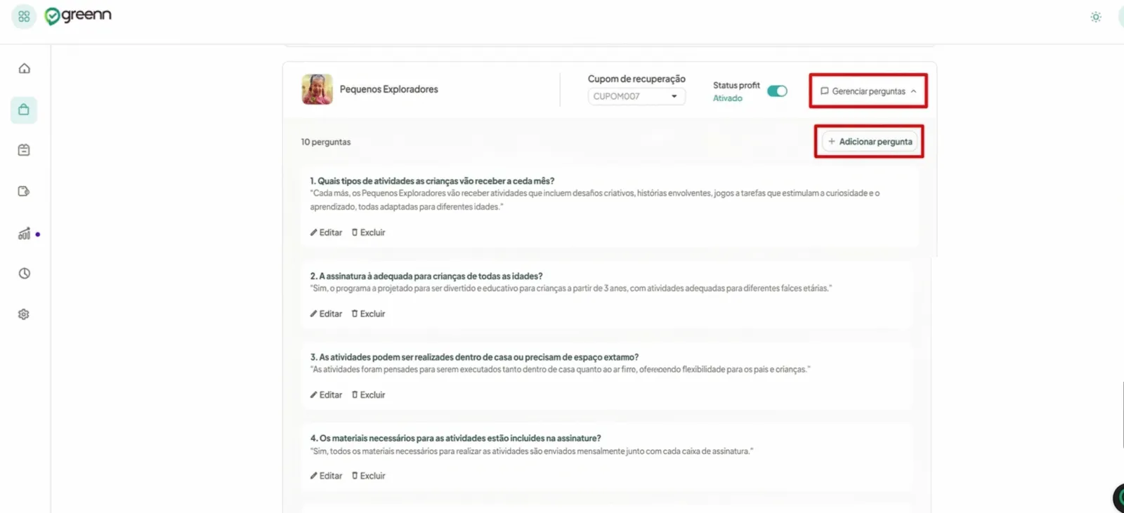 Tela Gerenciar perguntas com perguntas pré-prontas