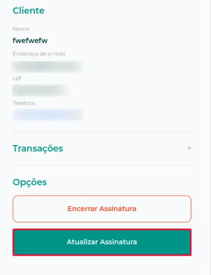Botão Atualizar Assinatura na parte de baixo dos detalhes