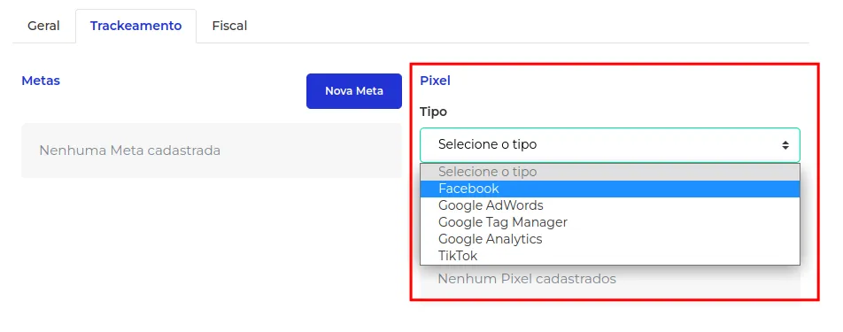 Lista de pixels disponíveis: Google Tag Manager, Adwords e Analytics