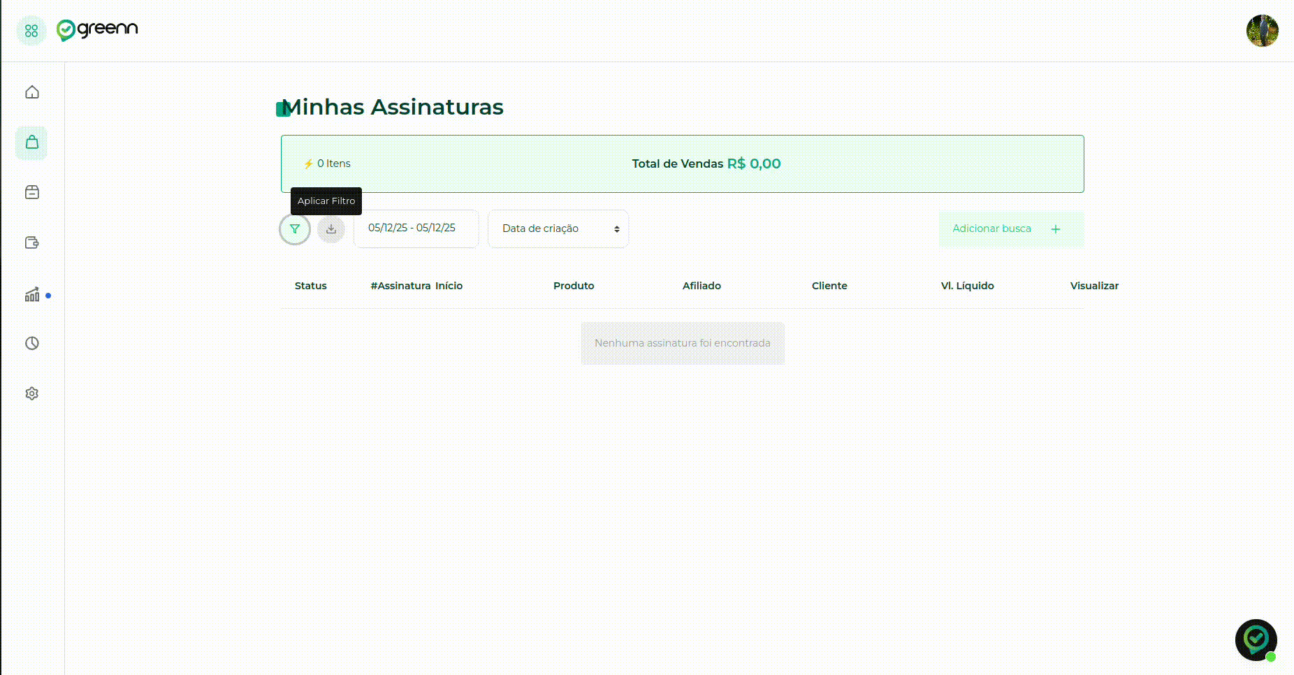 Filtro de data na tela de assinaturas