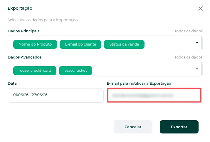 Campo de e-mail para notificar a exportação