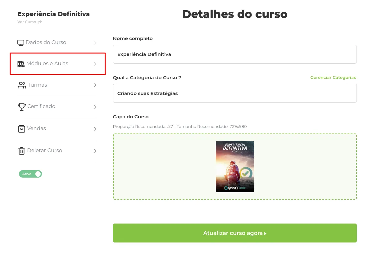 Opção Módulos e Aulas