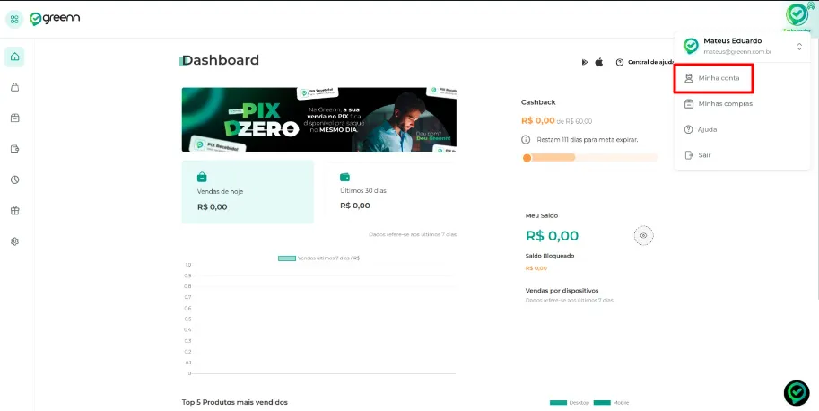 Menu do ícone de usuário com a opção Minha Conta
