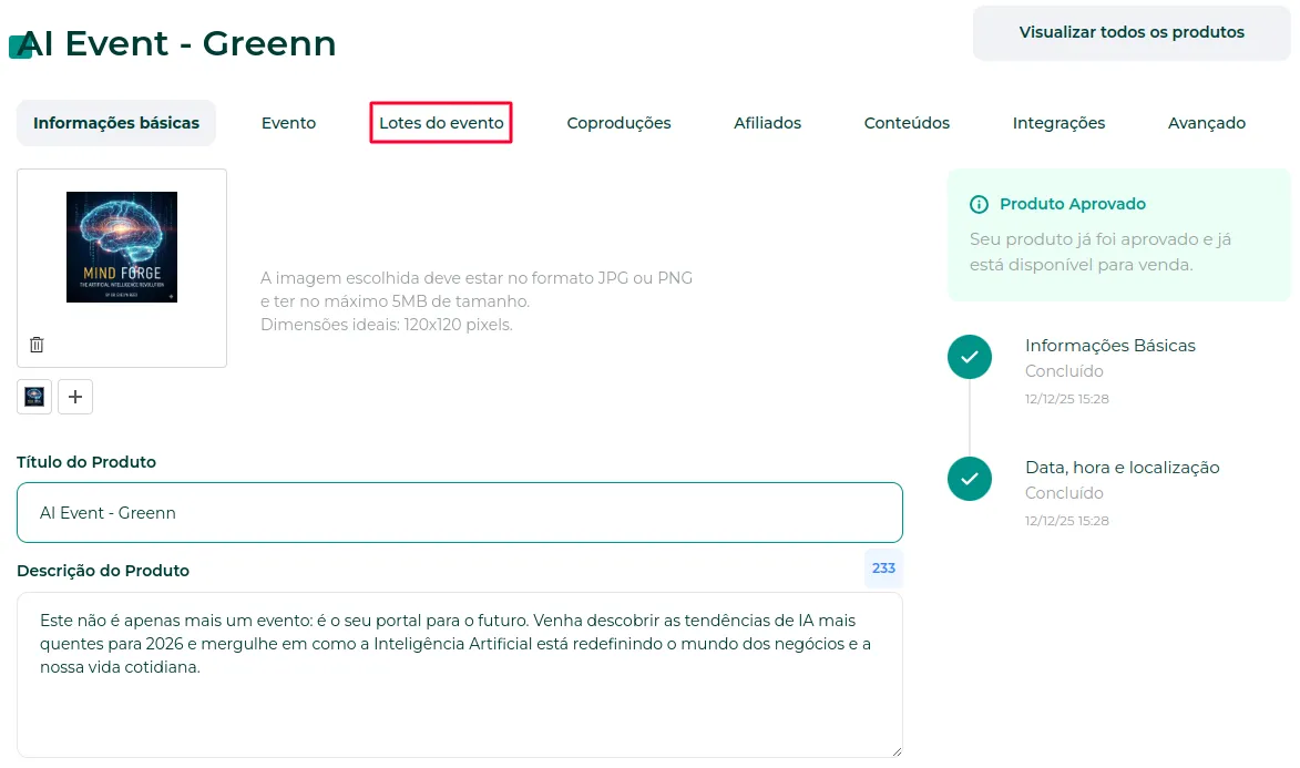 Opção Lotes do Evento na edição do produto