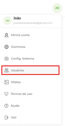 Menu direito com a opção Usuários