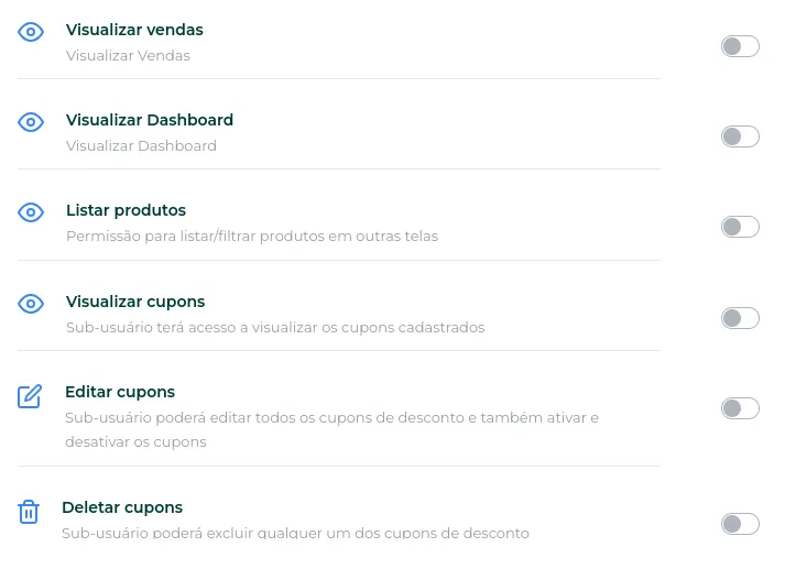 Lista de permissões disponíveis para sub-usuários, parte 1