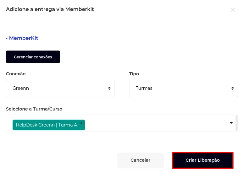 Botão Criar da integração