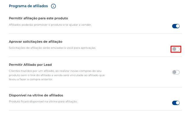 Opção Quero Aprovar Afiliações ativada
