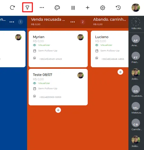 Tela do passo: Para realizarmos uma filtragem no nosso CRM, é simples, você pode estar clicando nesse ícone de Funil no