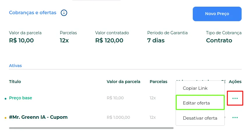 Menu de três pontinhos com Editar Oferta