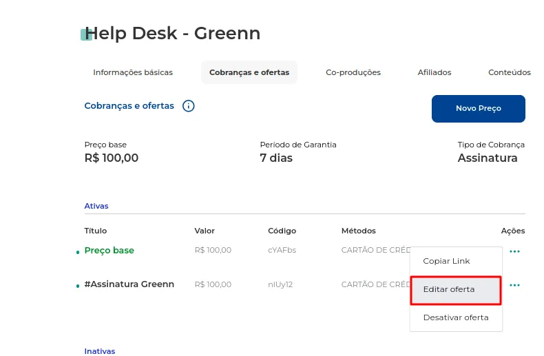 Lista de ofertas com o botão de edição