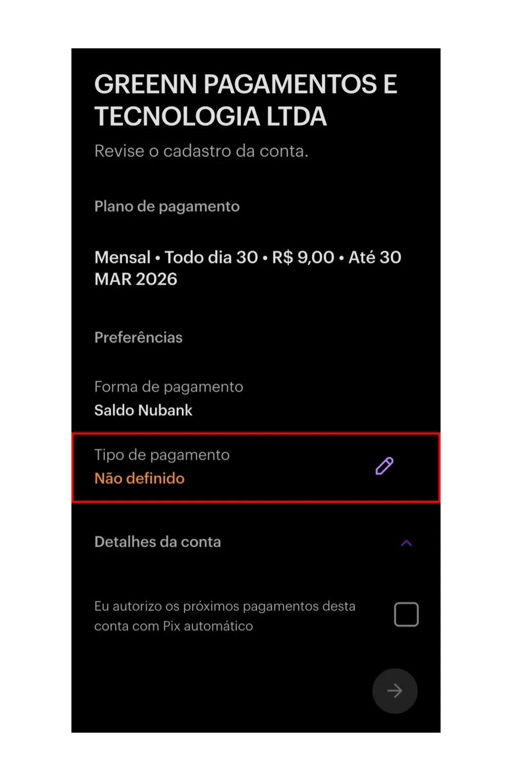 Tela do banco para escolher o tipo de pagamento