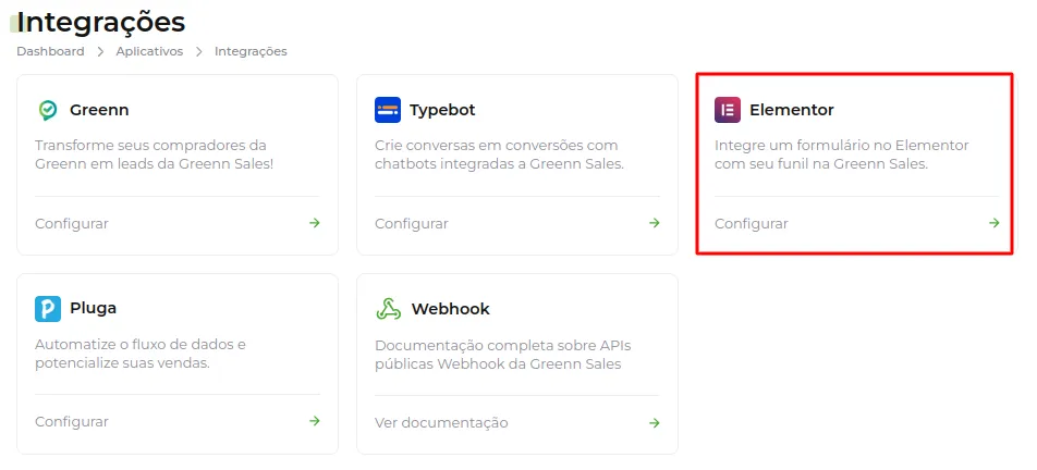 Tela da Greenn Sales: Aqui selecione Elementor