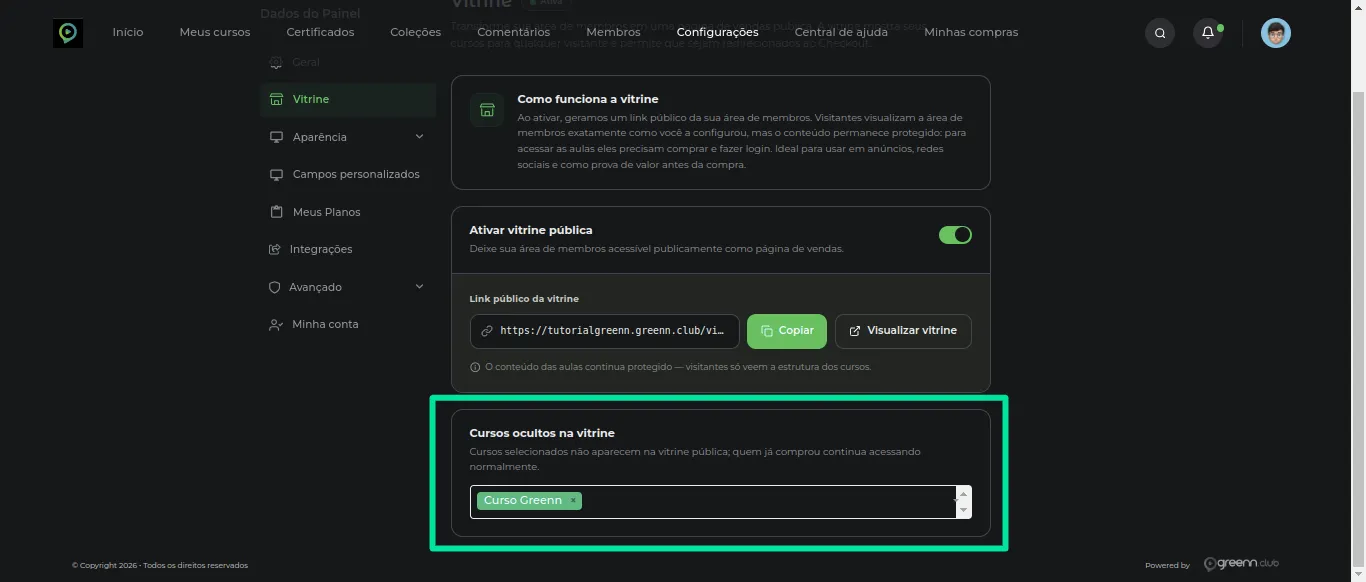 Campo Cursos ocultos na vitrine com um curso selecionado