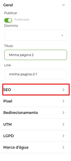 Tela do passo: Vá até a Engrenagem e clique em SEO